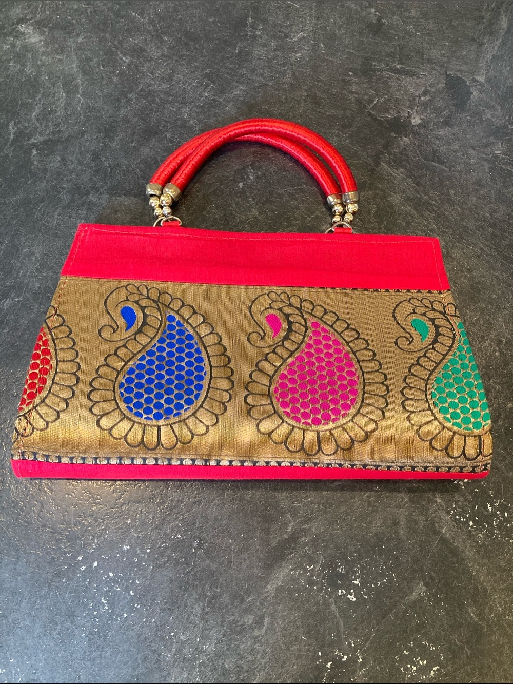 Vintage gold red blue pink green paisley snap lock clutch purse